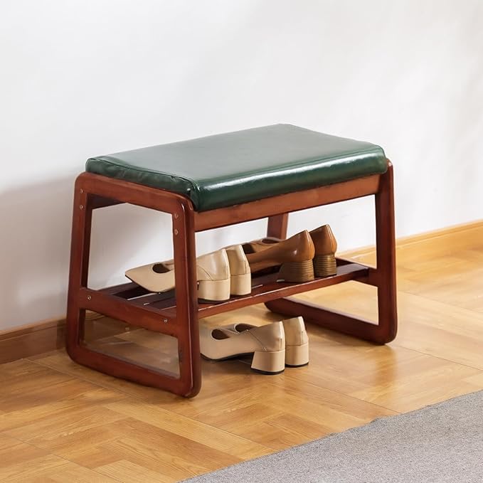 latifolia Solid Wood Bench, Entryway Shoe Bench with Cushion, 2 Tier Shoe Storage Organizer for Hallway, Living Room(Green,21.65''L)
