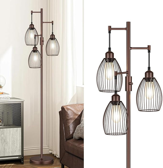 Dimmable Farmhouse Industrial Floor Lamp, Matte Brown Tree Standing Tall Lamps with 3 Elegant Teardrop Cage Head & 800 Lumens LED Edison Bulbs for Living Room Bedroom Office Dining Room