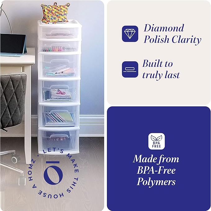 HOMZ 2-Pack Drawer Tower, 6-Tier Clear Plastic Storage Organizer Unit, White Frame - Multi-Purpose Container Drawers for Bedroom, Bathroom, and Office Organization