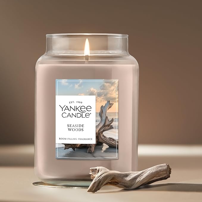 Yankee Candle Large Jar Scented Candle with up to 150 Hour Burn Time, Premium Plant Wax Blend for Consistent Burn, 22 oz Jar Candle with Room Filling Fragrance, Seaside Woods