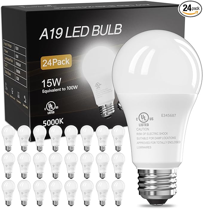 TJOY 24 Pack LED Light Bulbs, 100 Watt Equivalent A19, 5000K Daylight LED Bulb, 15W Bright White Energy Saving Lightbulbs with E26 Standard Base, 1500 Lumens Non Dimmable Lamp for Home Bedroom Kitchen