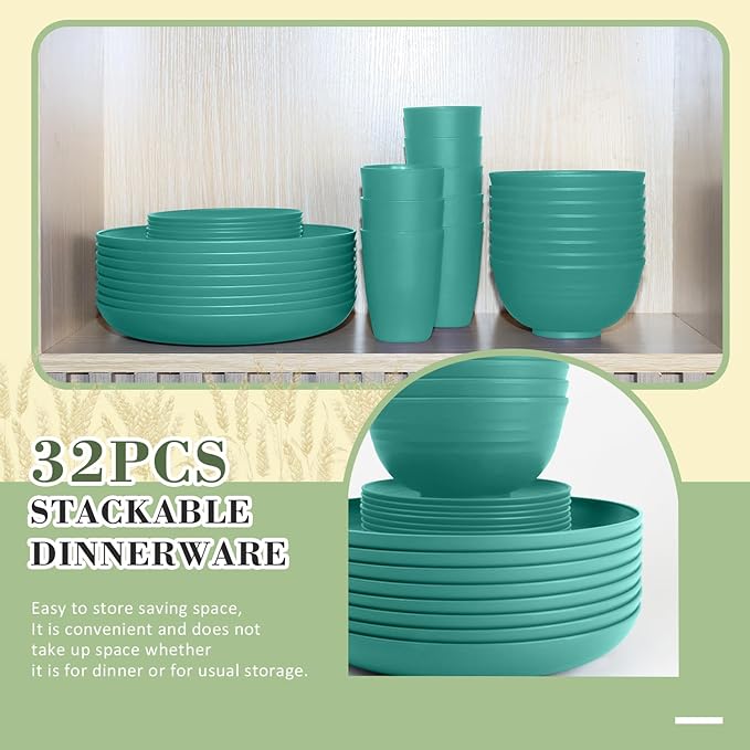 Wheat Straw Dinnerware Set of 32,Unbreakable Dinner Plates and Bowls Dishes Sets Service for 8,Dishwasher Safe Dinnerware Sets for Kitchen and Camping.Green