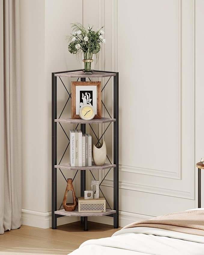 4-Tier Corner Shelf, Corner Bookcase, 43.3" Tall Vertical Display Rack, Plant Stand, Open Storage Shelf, for Living Room, Bedroom, Study, Kitchen, Greige and Black TCJ14BG