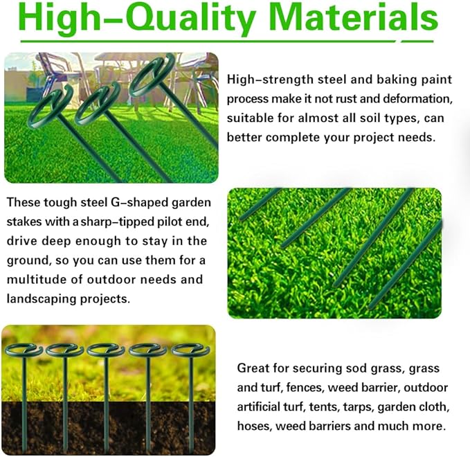 Bakulyor 200Pcs Circle Top Landscape Staples, 6 Inch Green Artificial Turf Stakes, 9 Gauge Landscape Fabric Pins, Heavy Duty Yard Lawn Spikes for Outdoor Soil Gardening Weed Barrier Sod Fabric - 6"