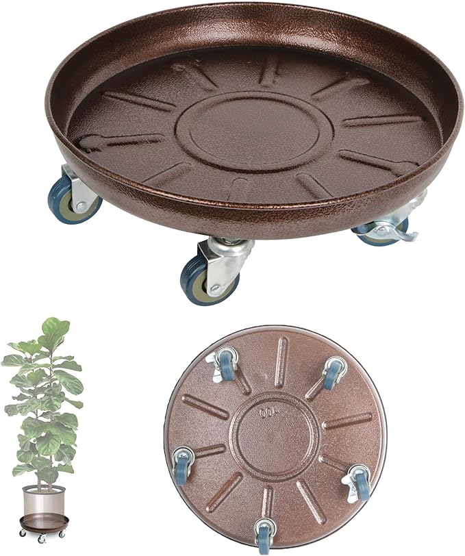 Heavy Duty Plant Caddy with Solid Rubber Wheels, Lockable, Increased Load Capacity, One-Minute Installation, Suitable for Indoor, Outdoor, Patio, Garden Settings, 14 Inches 2PACK, Brown