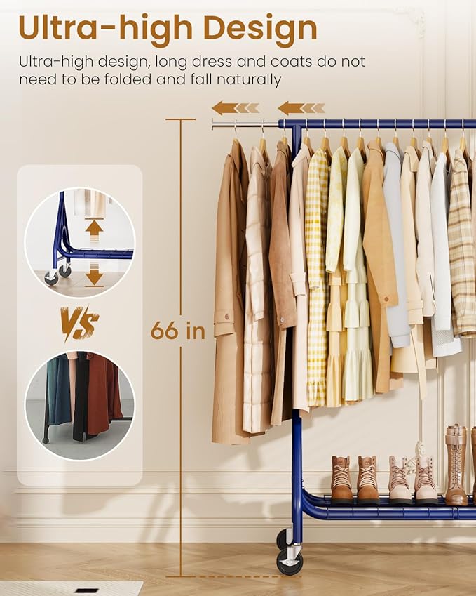 Heavy Duty Clothing Rack, Metal Clothes Rack Load 450 LBS, Rolling Coat Racks for Hanging Clothes with Lockable Wheels, Wardrobe Closet Garment Racks for Bedroom, Navy Blue