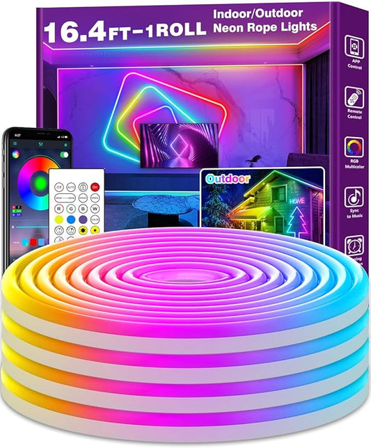 16.4Ft Neon Rope Lights,Flexible Led Rope Lights Control with App/Remote,Multiple Modes Rope Light,IP65 Outdoor RGB Led Neon Lights Waterproof,Music Sync Gaming Led Neons Light Strip for Bedroom Decor