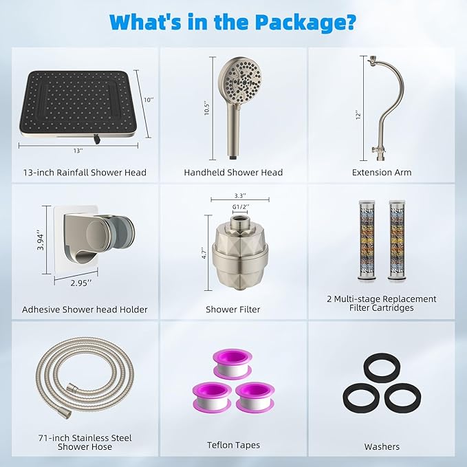 Hibbent 5-spray 13'' Dual Filtered Rainfall Shower Head Combo, High Pressure 10-setting Handheld Shower Head with 12'' Adjustable Extension Arm, 20 Stage Shower Filter, 71'' Hose, Brushed Nickel