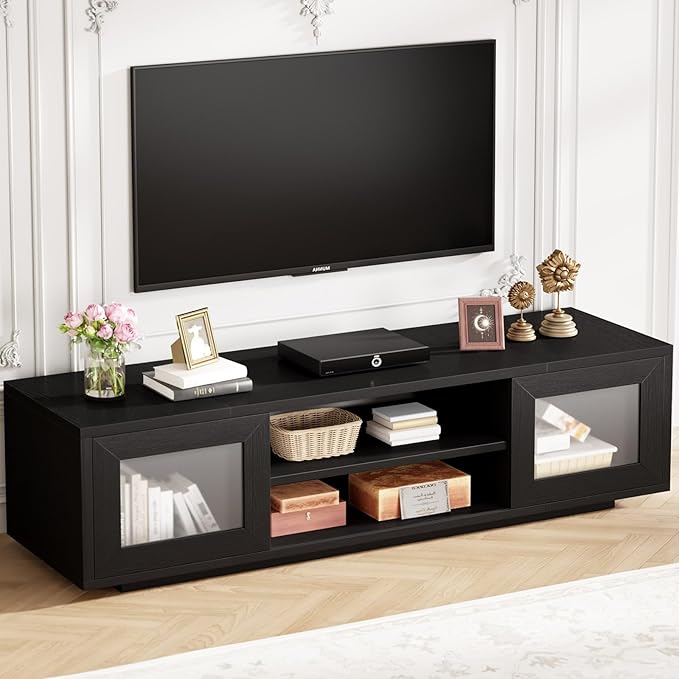 HSH Black TV Stand 55 Inch，Entertainment Center for Bedroom and Under TVs Cabinet with Storage,Modern TV Console with Sliding Doors for 60" TVs,Media Console for Living Room