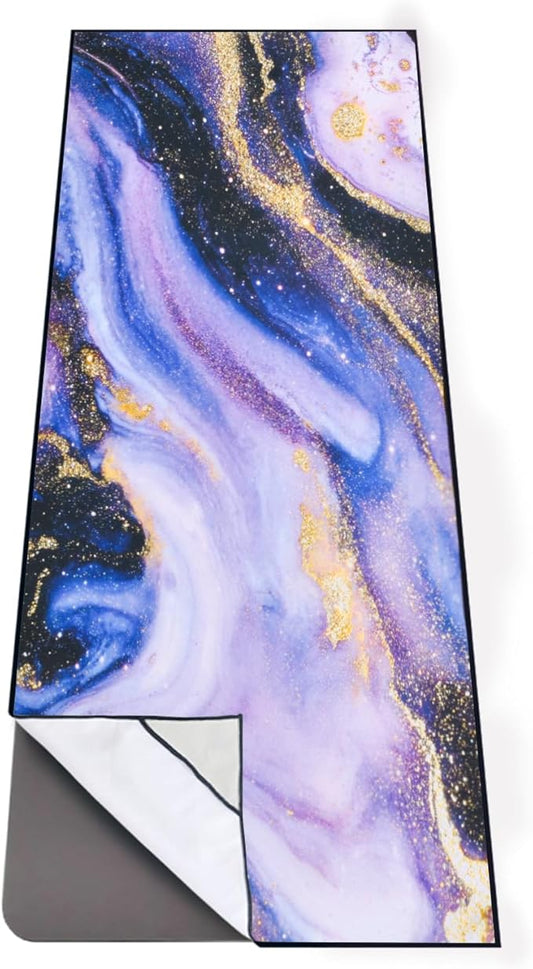 QiyI Yoga Mat Towel with Corner Pockets, Non Slip Sweat Absorbent Hot Yoga Towels, Soft Yoga Blankets with Travel Bag, Skidless Mat Cover for Workout, Gym, Fitness - 70"x26", Purple & Pink Grain