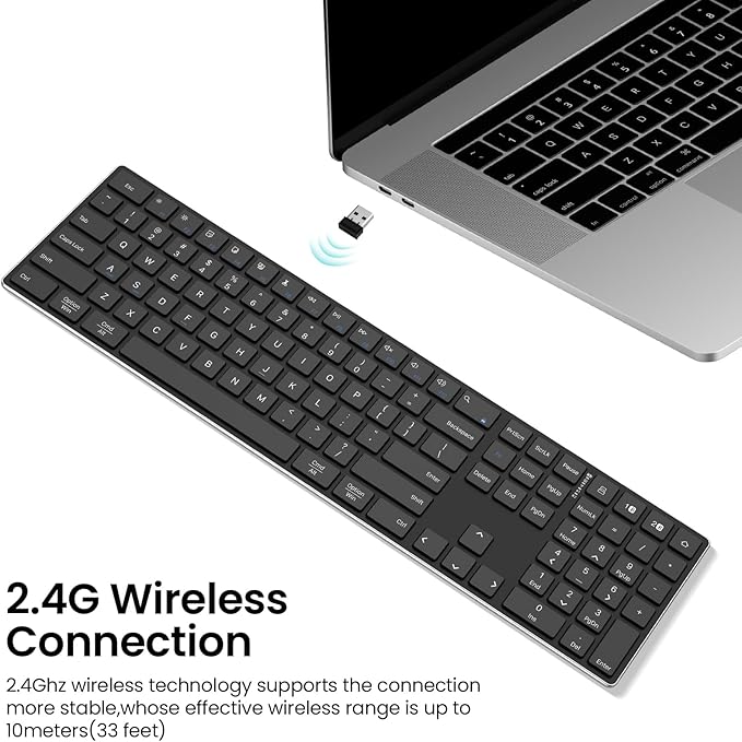 TIETI 2.4G Wireless Bluetooth Keyboard Rechargeable, Stainless Steel Ultra Slim Full Size Keyboard with Numeric Keypad Low Profile Silent Cordless Keyboards for Computer/Mac/Windows