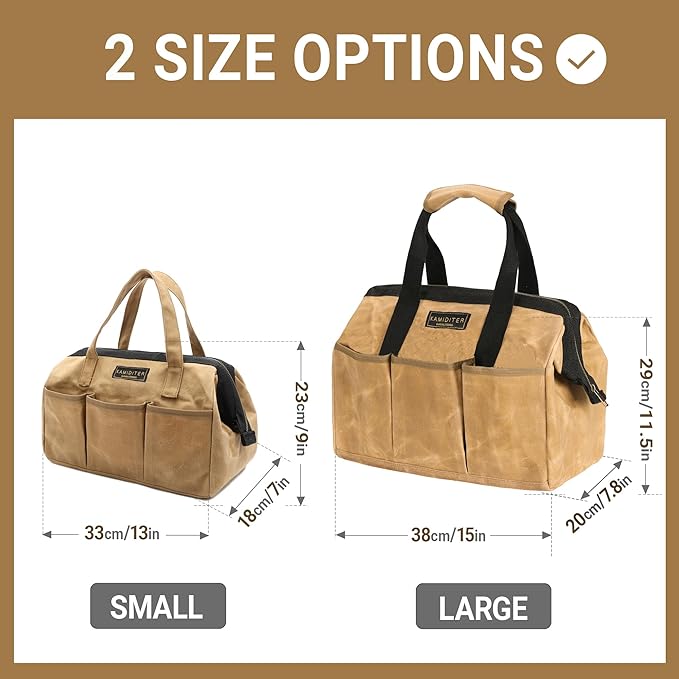 Heavy-Duty Waxed Canvas Tool Tote Bag - Wide Mouth Open Top Organizer with Reinforced Handle | Large Capacity Tool Pouch for Wrenches, Screwdrivers & DIY Supplies (15 x 11.5 x 7.8 inch, Khaki)
