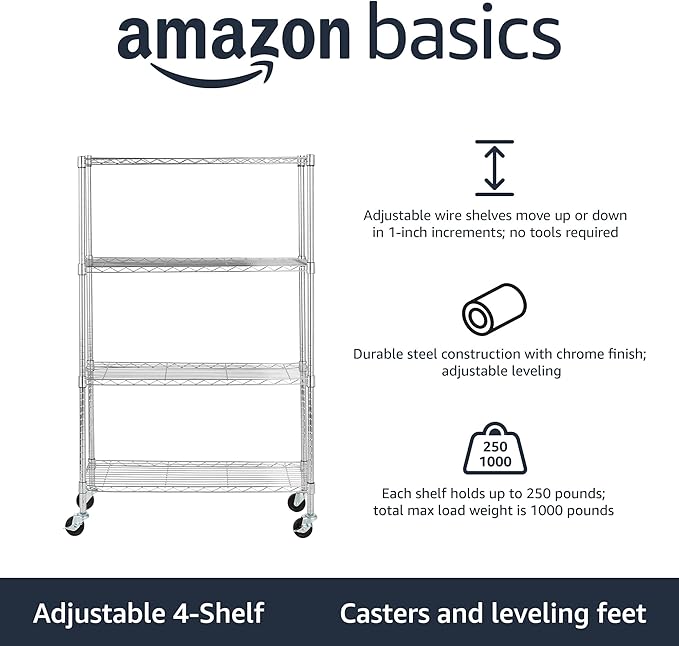 Amazon Basics 4-Shelf Adjustable, Heavy Duty Storage Shelving Unit with Wheels for Easy Assembly, for Garage or Kitchen Use, Metal Organizer Wire Rack, 36" L x 14" W x 57.8" H, Chrome