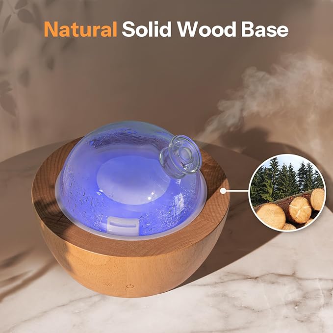 Wanlola 200ml Glass Essential Oil Diffuser with Natural Wood Base, Aromatherapy Diffusers for Home, Cool Mist Air Humidifier with 7 Color Lights for Office, Bedroom