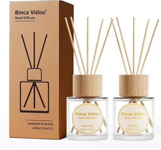 Reed Diffuser Set, Binca Vidou Lavender & Vanilla Natural Scent Oil Diffusers with Sticks for Home Office Bathroom Aromatherapy Decor 1.69oz x 2