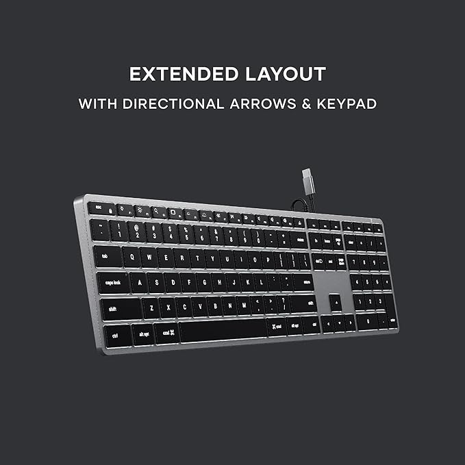 Satechi Slim W3 Wired Backlit Keyboard with Numeric Keypad, Illuminated Keys & USB C Connection, for MacBook Air/Pro M4, iPad Air/Pro M4/M3, iPad mini, Mac mini, iMac and More