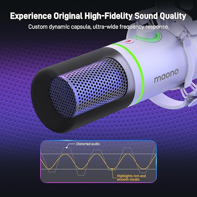 MAONO XLR/USB Dynamic Microphone Kit, RGB Podcast Mic with Software, Mute, Gain Knob, Volume Control, Boom Arm for Streaming, Gaming, Voice-Over, Recording-PD200XS White