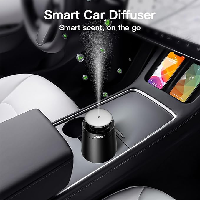 Waterless Oil Diffuser Rechargable, Smart Auto On/Off Air Freshener Car Diffuser, 3 Timer Function&Two-Fluid Technology, Aluminum Mini Scent Diffuser for Car (Black)
