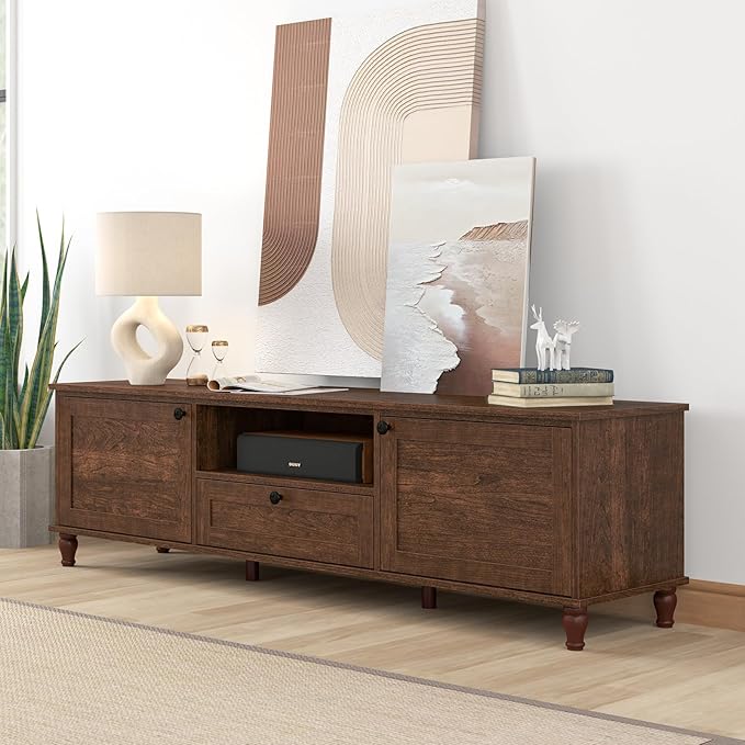 ANJ Mid-Century Modern TV Stand for 75 inch TV, TV Console with Storage Cabinet & Drawer, Retro Brown Wooden TV Stands for Living Room Furniture,Entertainment Center with Ample Large Storage Space
