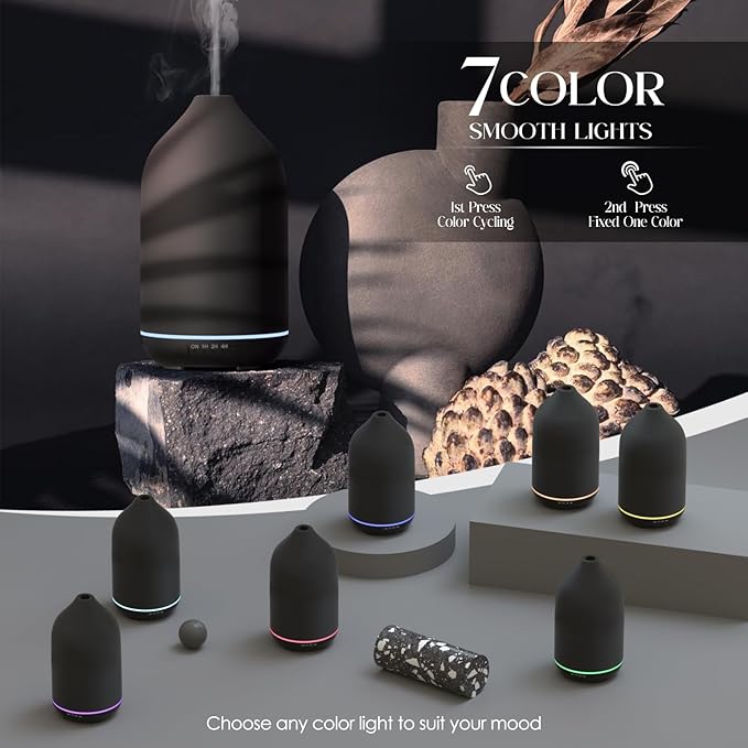 SALKING 200ml Ceramic Diffuser, Stone Essential Oil Diffuser, Ultrasonic Aromatherapy Diffusers with 7-Color LED Lights Timers, for Office Bedroom Home (Black)