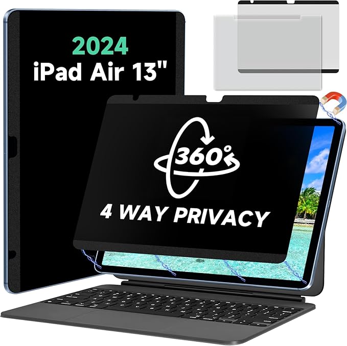 Magnetic 360° Privacy Screen Protector for iPad Air 13 Inch M2/M3 (6/7th Generation, 2024/2025), Case Friendly Blue light Blocker Anti-glare Eye Strain Filter, Removable Anti Spy Film Support Apple Pencil
