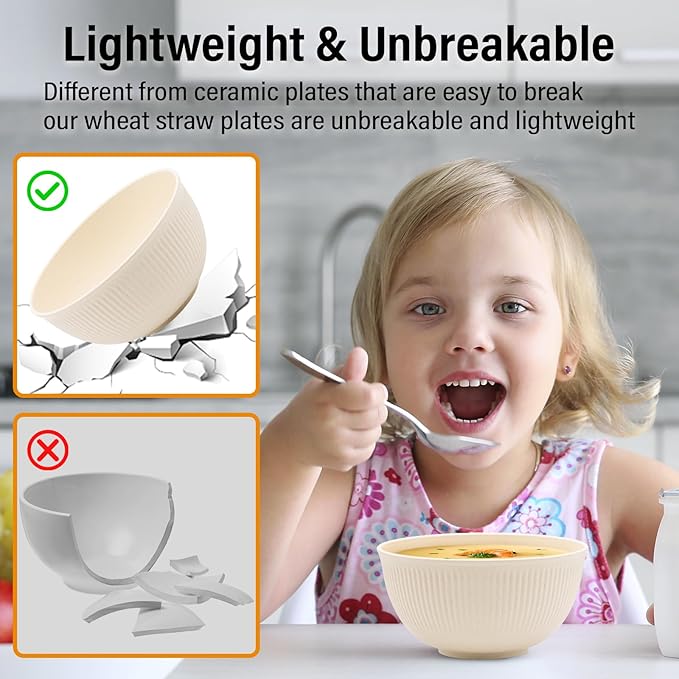 36pcs Wheat Straw Dinnerware Sets, Unbreakable Reusable Kitchen Cups Plates and Bowls Sets, Dishwasher and Microwave Safe Kitchenware Dishes Set for Home, Office, Travel,Picnic (Cream Color)