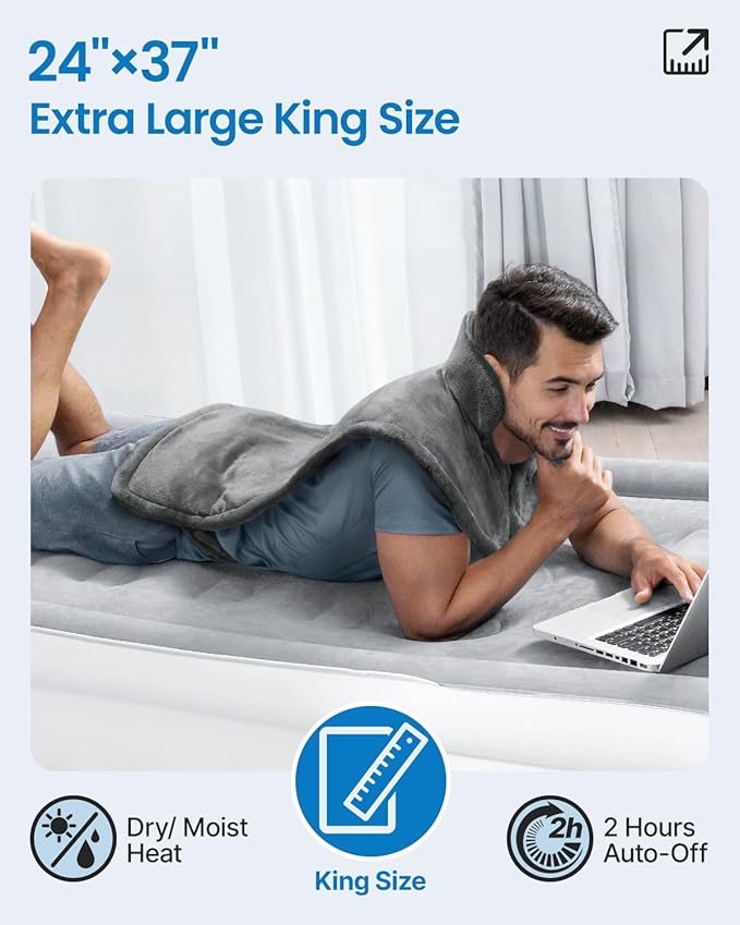 RENPHO King Size Heating Pad for Back Pain Relief, Birthday Christmas Gifts for Men Women Seniors, FSA Eligible, 24"x37" XL Large Weighted Electric Heat Pad for Neck and Shoulders ETL Certified, Gray