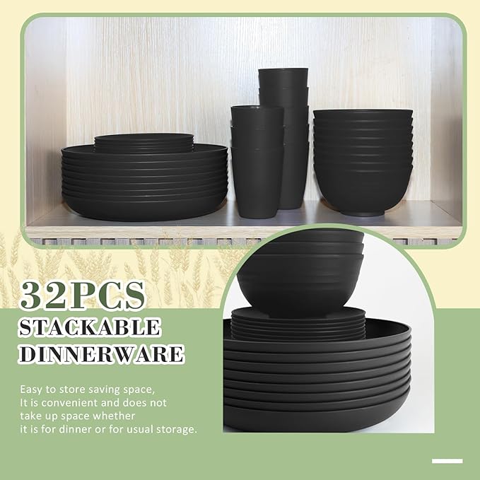 32-piece Kitchen Alternative Melamine Wheat Straw Dinnerware Sets,Unbreakbale Dishwasher Safe Kitchen Bowls and Plates Sets with Cups,Apartment Essential Dishes Set for 8.Black Series