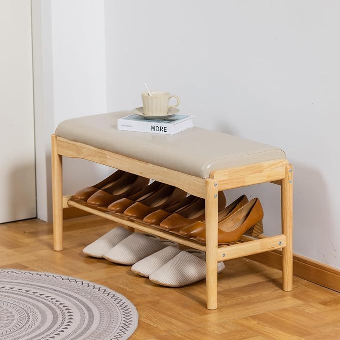 latifolia Small Shoe Bench, Solid Wood Bench with Cushion, 2 Tier Shoe Storage Organizer for Entryway(Nature,31.50''L)