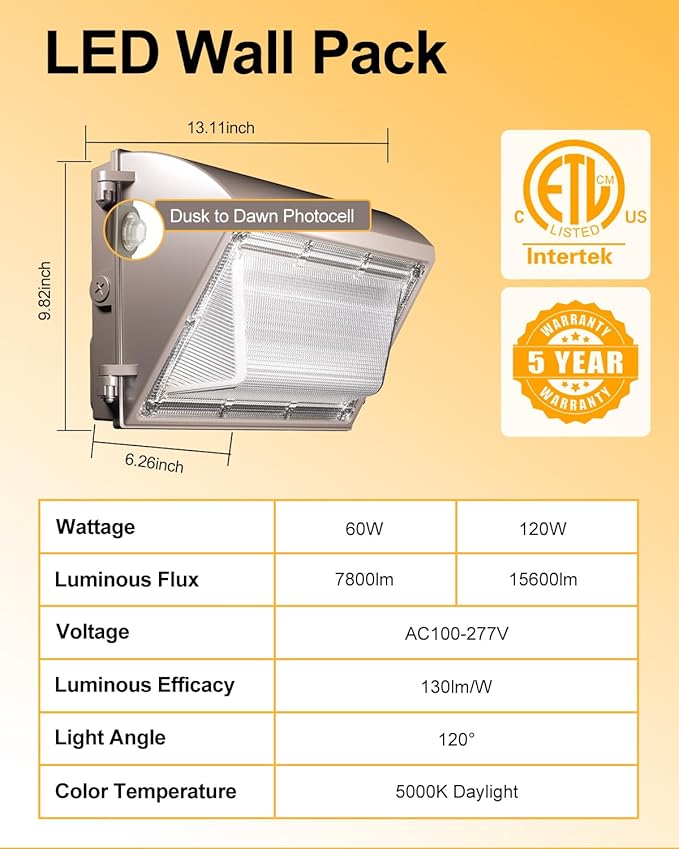 LED Wall Pack Light 120W 15600LM with Dusk to Dawn Photocell, 5000K Daylight, 100-277V, IP65 Waterproof Outdoor Security Flood Lights Commercial LED Wall Lights for Warehouse, Yard, UL Listed