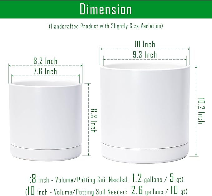 D'vine Dev 8.2 Inch & 10 Inch Ceramic Planter Pot for Plants with Drainage Hole and Saucer, Large Plant Pots Set, White, 94-G-L-1