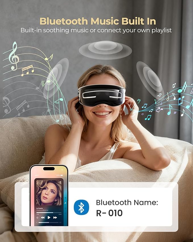 Eye Massager with Heat and Cooling, Integrated Smart Sleep Mask with Nose Rest and Soft Silicone Massage head, 4 Massage Modes for Migraines, Dry Eye, Dark Circles,Bluetooth Music, Gift for Men Women