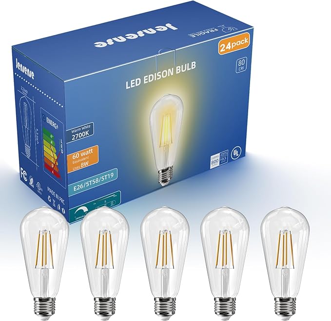 Jensense Edison LED Light Bulbs 8Watt Dimmable, 2700K Warm White, E26 Base, 60W Equivalent, Vintage Style, 800lm, CRI 90, Clear Glass, 24 Pack
