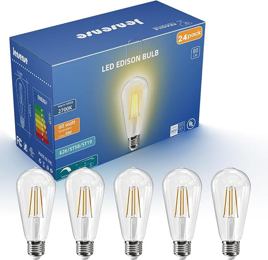 Jensense Edison LED Light Bulbs 8Watt Dimmable, 2700K Warm White, E26 Base, 60W Equivalent, Vintage Style, 800lm, CRI 90, Clear Glass, 24 Pack