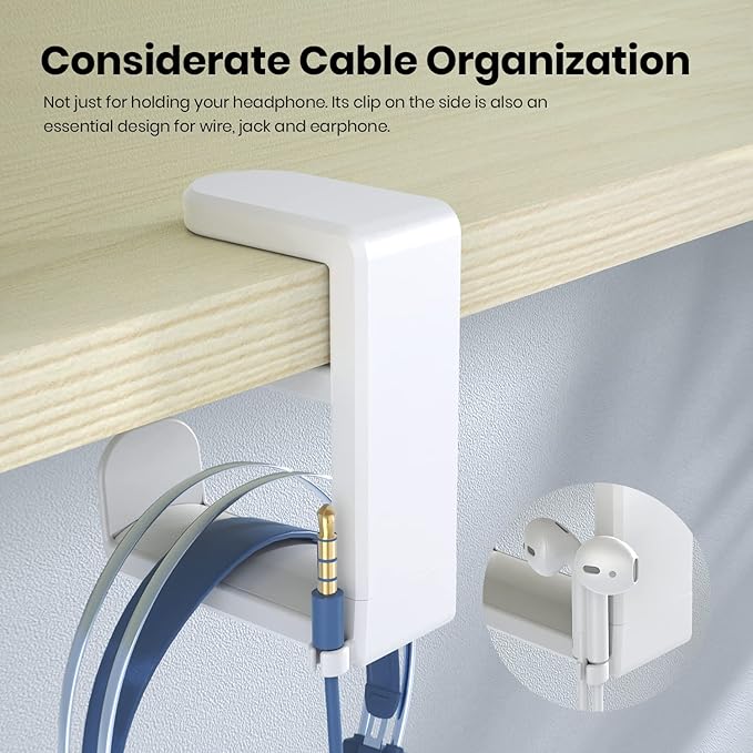 EURPMASK PC Gaming Headset Stand - Adjustable Clamp-on Headphone Holder, 360 Degree Swivel & Cable Clip Organizer - White