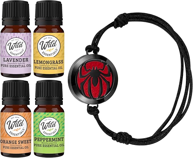 Wild Essentials Spider Essential Oil Bracelet Diffuser Gift Set, Pendant, Nylon Band, 12 Pads, Lavender, Lemongrass, Orange, Peppermint Oils, Customize Color Changing Perfume Jewelry, Aromatherapy