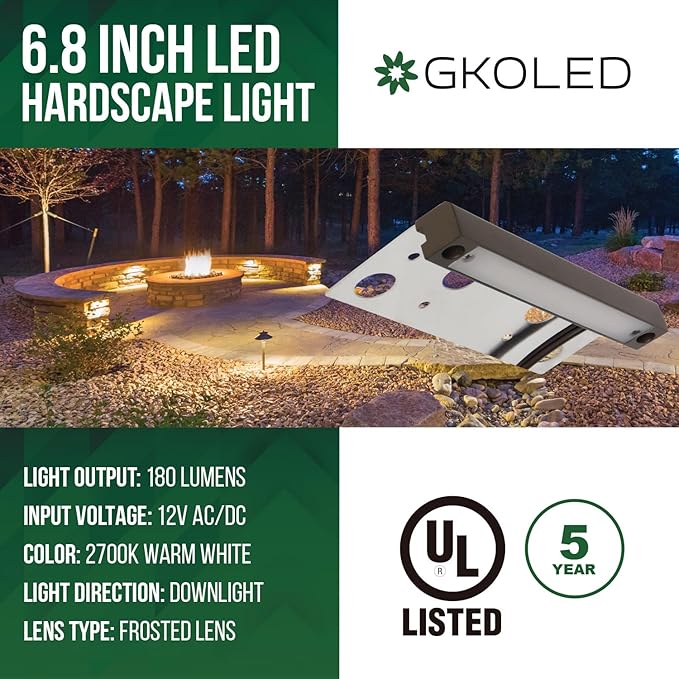 GKOLED Hardscape Light with Frosted Lens, Paver Wall Lighting, 6.8 Inches Long, Integrated 4W 2700K LED Light Source, Step Lights, Solid Powder Coated Die-cast Aluminum Housing, 12V AC/DC, UL Listed