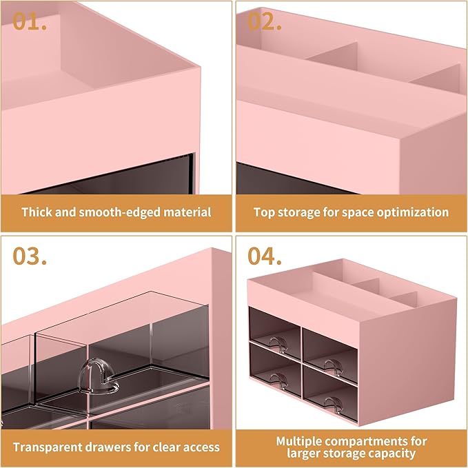 Marbrasse Pen Organizer with 4 Drawer, Multi-Functional Pencil Holder for Desk, Desk Organizers and Accessories with 4 Compartments + Drawer for Office Art Supplies (pink)