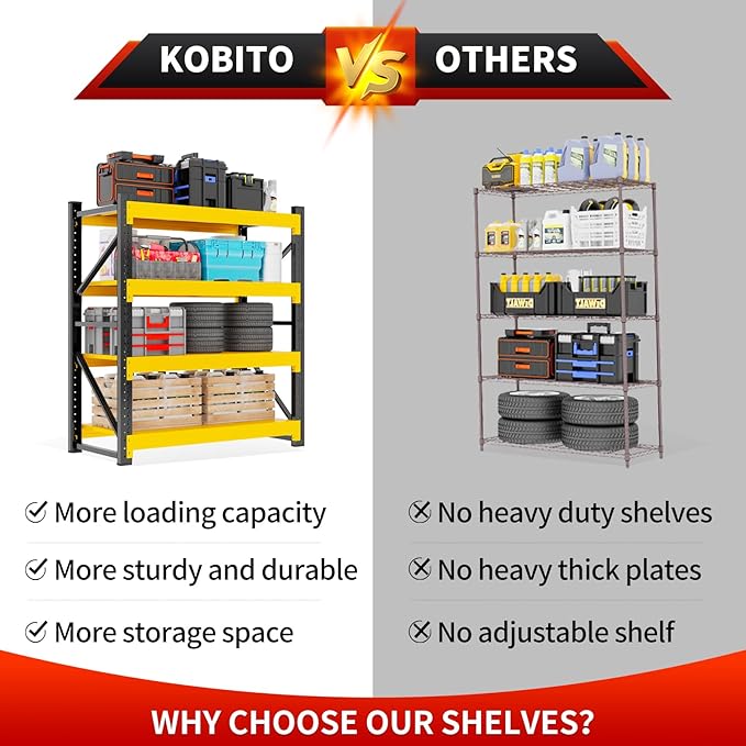 Kobito 3800LBS Garage Storage Shelves, 47" W Garage Shelving Heavy Duty Adjustable Shelving Unit, 4 Tier Metal Utitly Shelves Industrial Shelving for Warehouses,Basement,Black Yellow