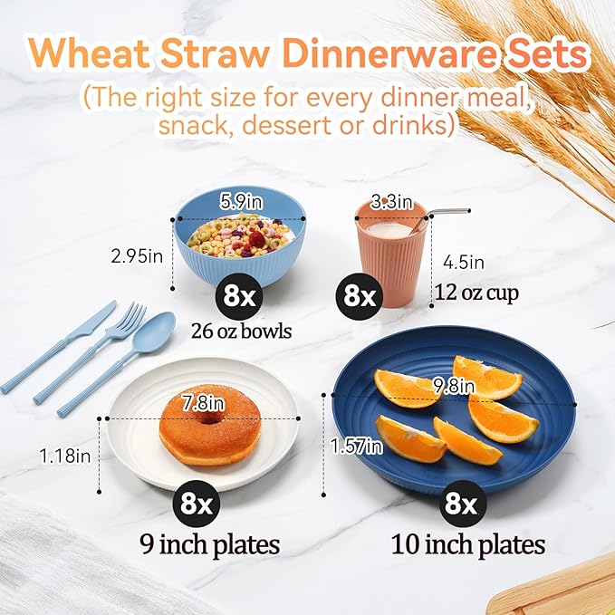 Wheat Straw Dinnerware Sets,64-Piece Plates and Bowls Sets for 8-Unbreakable,Reusable Plastic Dish Set-Dinner Plate/Dessert Plate/Bowl/Cup/Utensils-Microwavable Dishwasher Safe 64P-Coral Orange