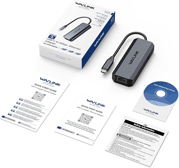 WAVLINK USB-C to Ethernet Adapter with 95W PD - 5Gbps High-Speed, Driver-Free Type-C to RJ45 Ethernet LAN Network Adapter Thunderbolt 5/4/3 Compatible for MacBook Pro/Air, iPad Pro, Dell XPS