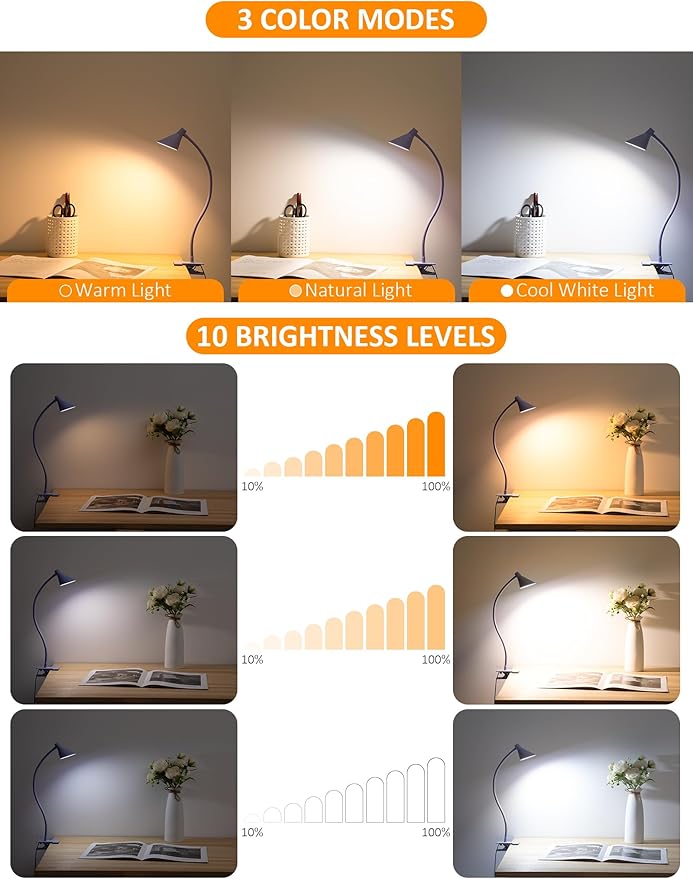 Desk Lamp Clip on Lamp for Bed Headboard LED Reading Light for Bed, 3 Colors 10 Dimmable Brightness, Book Light for Reading in Bed Flexible Neck Clip on Light Clamp Lamp for Bed Desk(Purple)