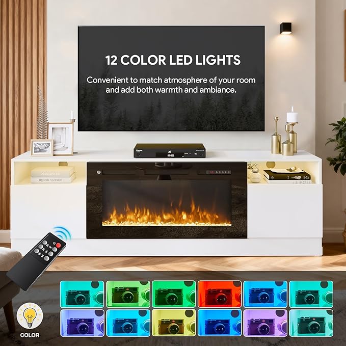 80” TV Stand with 36” Electric Fireplace, Large Modern Media Entertainment Center with Storage Cabinet and 12 Colors LED Lights for TVs Up to 90",White and Black