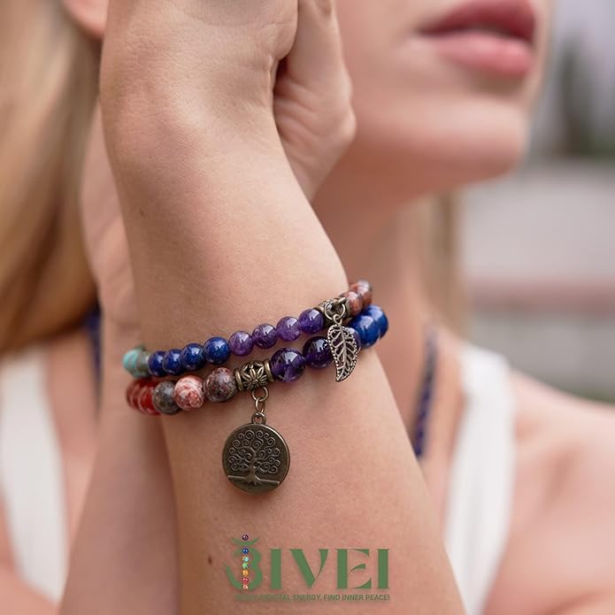 Bivei Natural Semi Precious Gemstone beads bracelet for women - Life Tree and Leaf Charm Energy Reiki Crystal Stretch Bracelets
