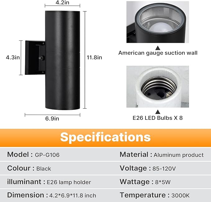 Dusk to Dawn Outdoor Wall Lights 4 Packs, Modern Outdoor Porch Lights with Bulbs, Integrated LED Cylinder Exterior Light Wall Mount, Up and Down Lighting Wall Sconce for House Porch Door