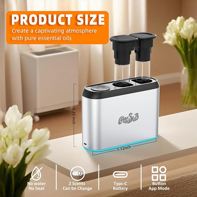 Smart Aroma Diffuser, Dual-Nozzle Waterless Essential Oil Diffuser with Cool Mist, Super Silent Aromatherapy Essential Oil Diffuser Battery Operated for Car, Home, Office Silver