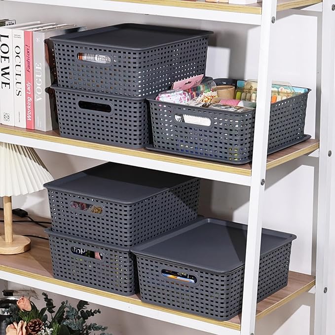 6 Pack Plastic Woven Storage Baskets with Lids, Lidded Organizer Baskets, 13.97" x 11.6" x 5.3", Grey
