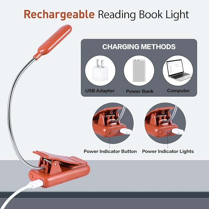 VAVOFO Rechargeable Book Light for Reading in Bed Kids, 7 LED Reading Light with 9-Level Warm Cool White Daylight, Eye Care Lamp with Power Indicator for Bookworms (Mocha Brown)