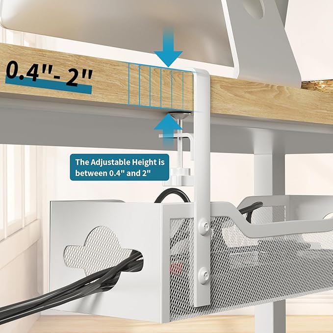 Under Desk Cable Management Tray White, Litwaro Cable Management Under Desk No Drill, Cable Organizer with Clamp for Wire Management, Cord Organizer for Office, Home No Damage to Desk