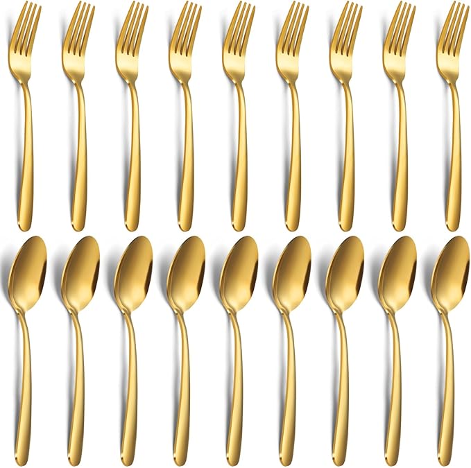 24-piece Forks and Spoons Silverware Set, Unokit Stainless Steel Flatware Cutlery Set for Home, Kitchen and Restaurant, 12 Dinner Forks and 12 Dinner Spoons, Mirror Polished&Dishwasher Safe - gold